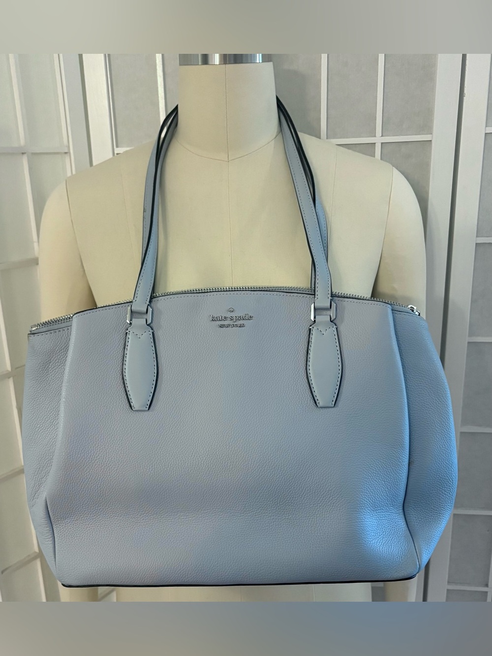 Kate Spade Light Blue Pebbled Monet Large Triple Compartment Tote Bag Purse